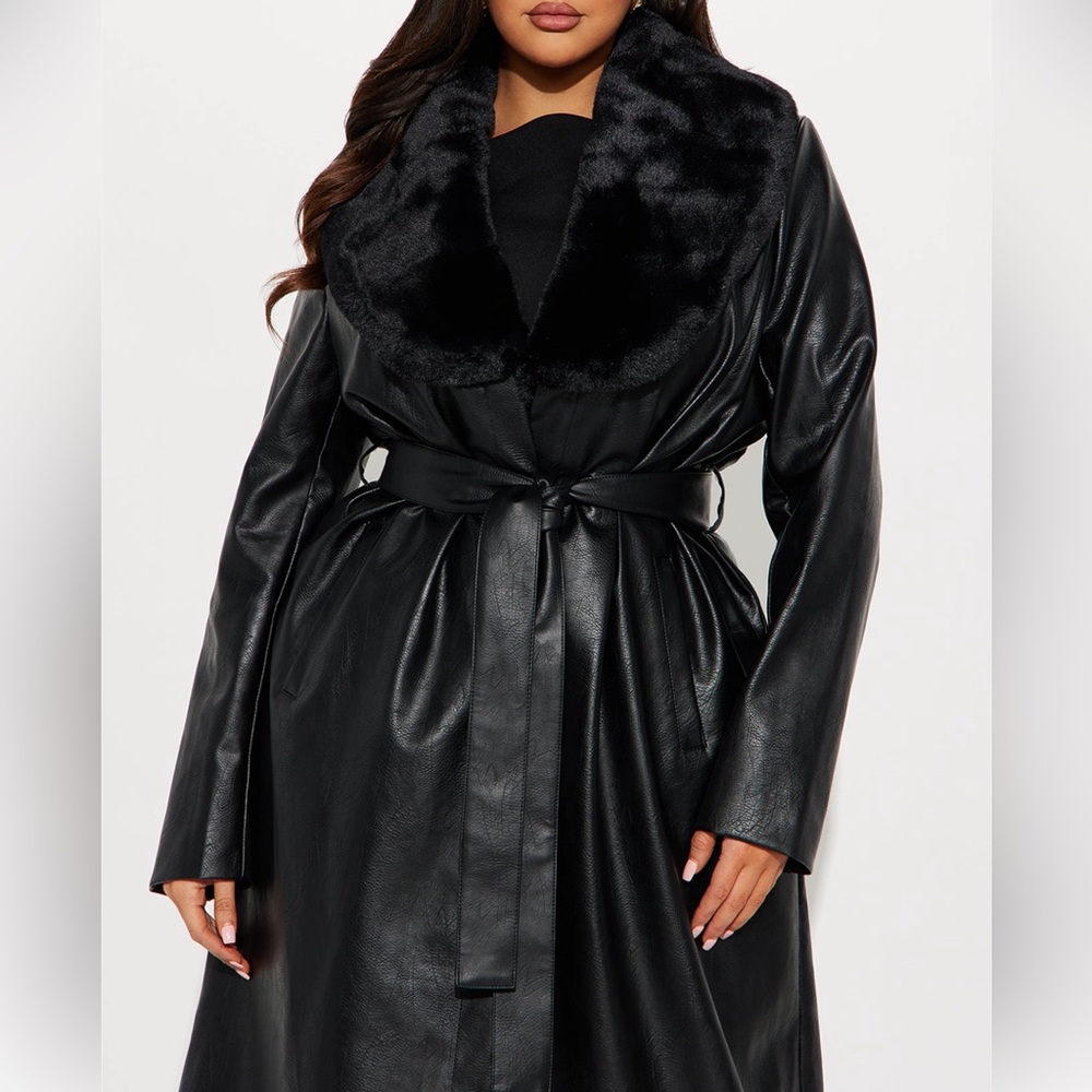 Women's Black Faux Leather Coat with Fur Trim - Picture 3 of 12